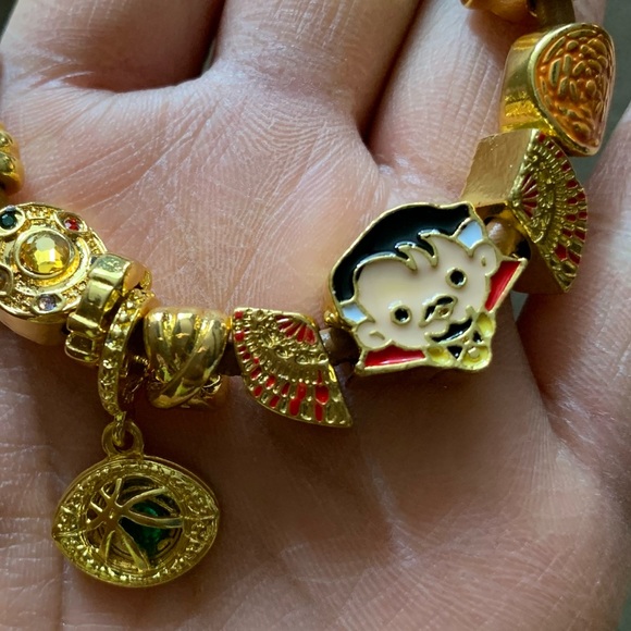 Pandora Tan Leather Slide Bracelet w/ Doctor Strange Theme Charms One Size EUC - Picture 9 of 13